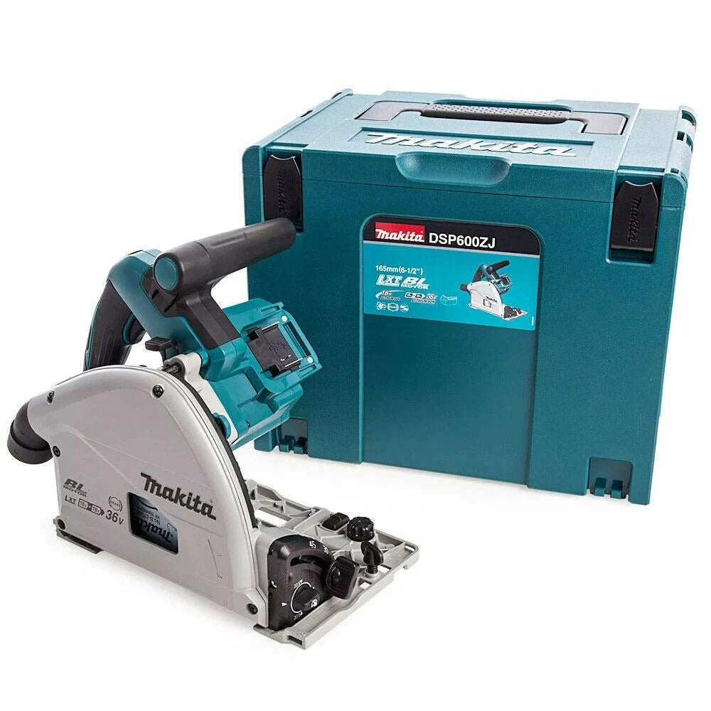 Makita DSP600ZJ 36V Brushless Plunge Saw Body Only + 2 x Guide Rail, Connector with Blade & Clamp Set