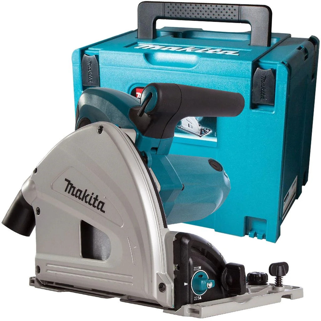 Makita SP6000J2 240V 165mm Plunge Saw in Case + 2 x Guide Rail Connector Bar with Blade & Clamp